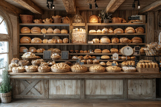 Rustic bakery display with various breads and pastries. (3) - Powered by Adobe