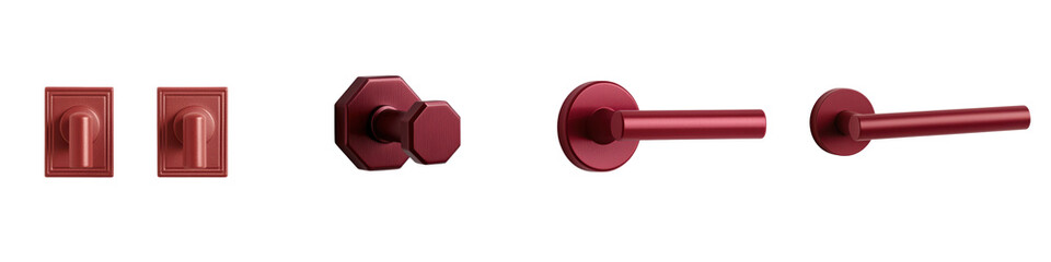 A close up view of vibrant red aluminum geometric design elements such as hexagonal and cylindrical shapes arranged in a minimalist modern