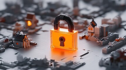 Abstract Locked Padlock on a Digital City Landscape Background