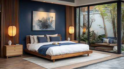Modern bedroom with blue wall, wood furniture, and courtyard view.