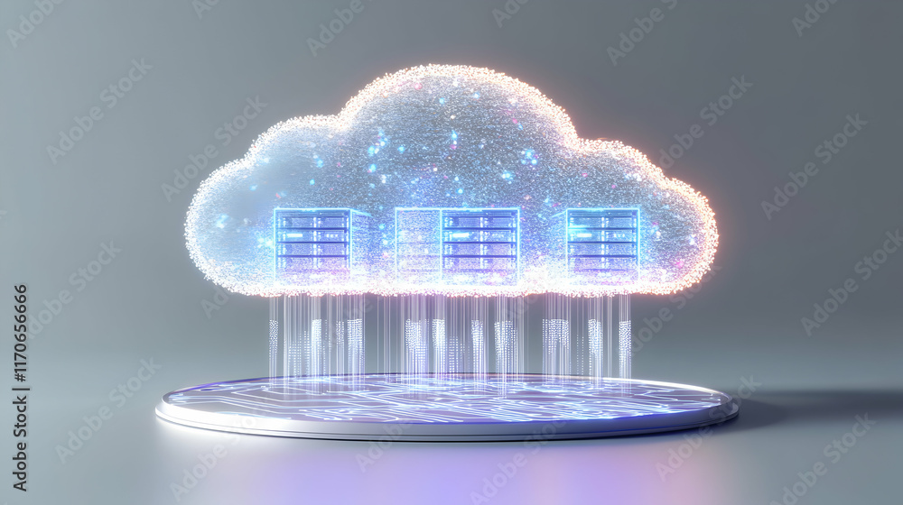 Poster abstract digital cloud computing concept. servers within a glowing cloud, data streams flow down to 