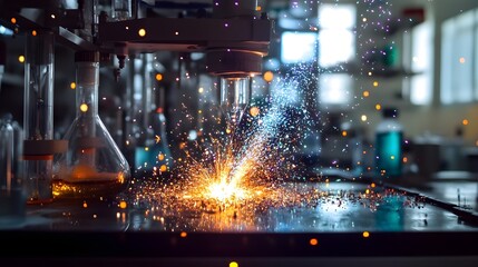 Close-up of robotic arm performing precision metalworking, sparks flying in a lab setting.