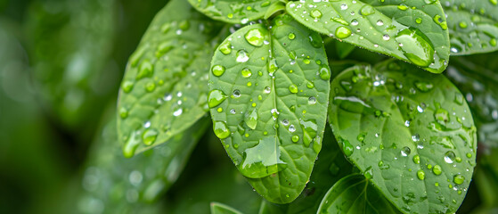 Fresh green leaves with water droplets creating a refreshing, natural ambiance in a lush garden environment