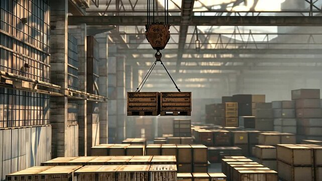 Rusted Warehouse with Crane and Weathered Pallets