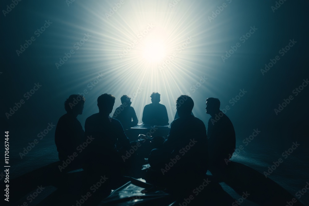 Poster silhouette of startup team collaborating in a brainstorming session