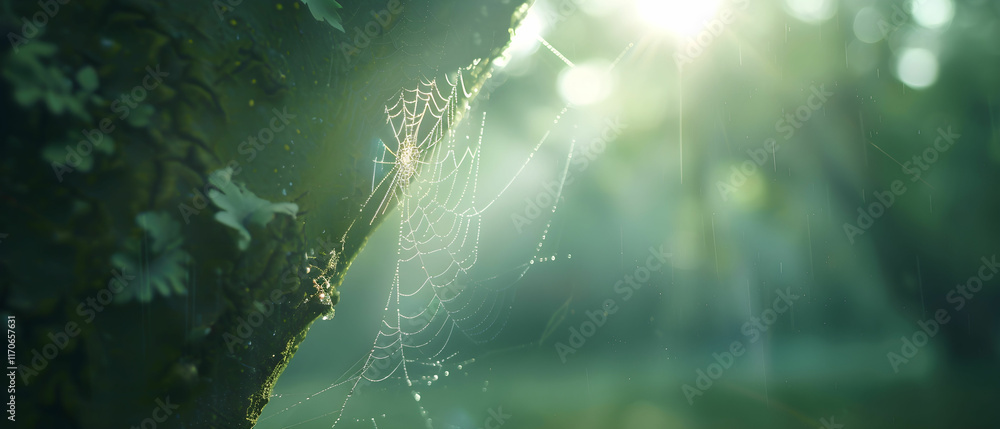 Poster morning rays illuminating spiderweb on tree bark in a serene natural setting