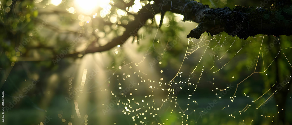 Poster sunlight filtering through trees with dewy spider webs glimmering in a serene natural setting