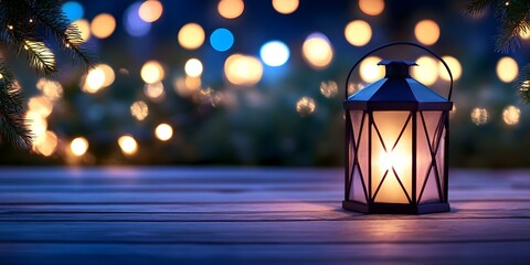 A lantern glowing softly in a dimly lit setting, surrounded by blurred twinkling lights and greenery. Concept Ambient Lighting, Cozy Atmosphere, Bokeh Effects, Nature Elements, Dreamy Aesthetic