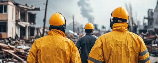 Global Warming health risks concept. Emergency responders in yellow gear survey a devastated landscape, showcasing resilience amidst destruction and ongoing recovery efforts.