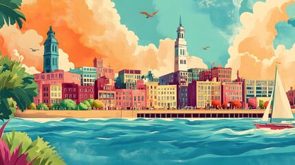 Vibrant Cityscape Skyline with Boat and Ocean View