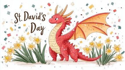 Whimsical St. David's Day Illustration with Red Welsh Dragon and Daffodils 21