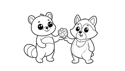 Obraz premium Adorable Raccoon Duo Sharing a Treat: A Delightful Coloring Page Featuring Two Cute Cartoon Raccoons Exchanging a Yummy Snack.