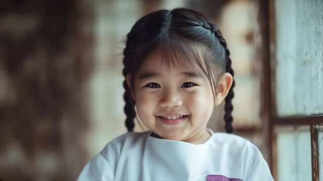 Charming Asian Girl with Braided Hair Smiling Brightly and Expressing Innocent Happiness in Animation