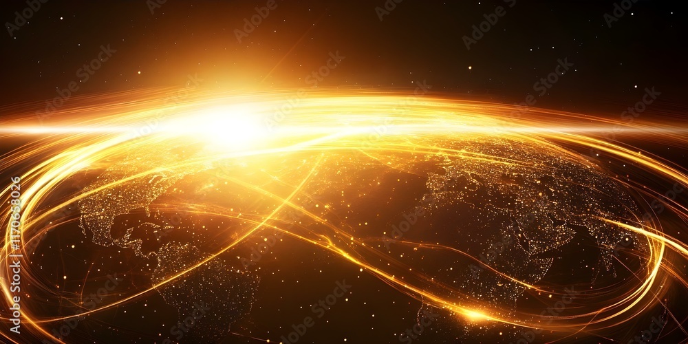 Poster a glowing world view with luminous lines representing connectivity, set against a starry background.