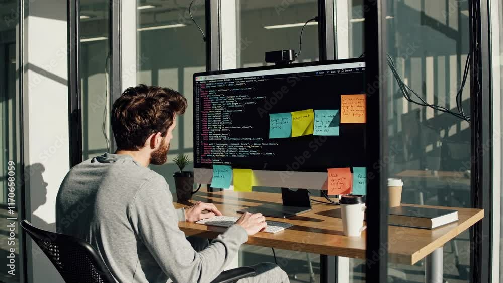 Poster Developer working on coding project in modern office space with sticky notes