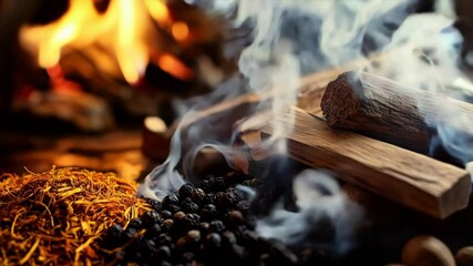 Rich and Intense Herb Treatment Scene with Oud Wood Aroma, Saffron Threads, Spices, Cedar Logs, and Ginger in a Warm Amber Glow