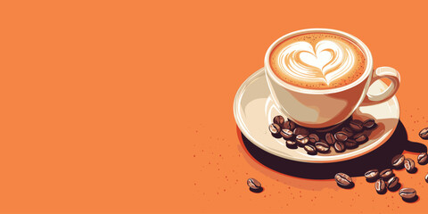 Obraz premium Vector Latte Coffee with Heart Art on Orange 