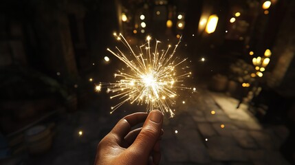 Sparkler in Hand Creating Bright Glow in Dimly Lit Room