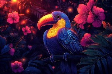 Fototapeta premium Enchanted Toucan in a Lush, Nighttime Jungle