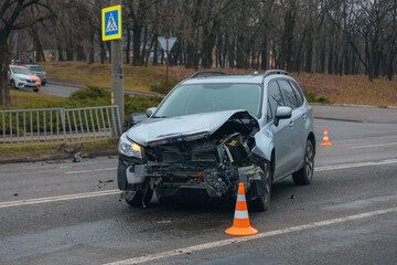 There was a collision of cars on the highway. Serious accident. Road accidents on the road. Traffic jam. Insurance event on the road. Broken car.