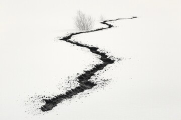 Fototapeta premium Minimalist black and white style of a snow-covered ground, with an unbroken trail that resembles water flowing from one place to another.