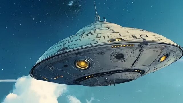 Cartoon UFO Animation.  AI generated video.  An animation of a cartoon UFO gearing up for flight out of the atmosphere.