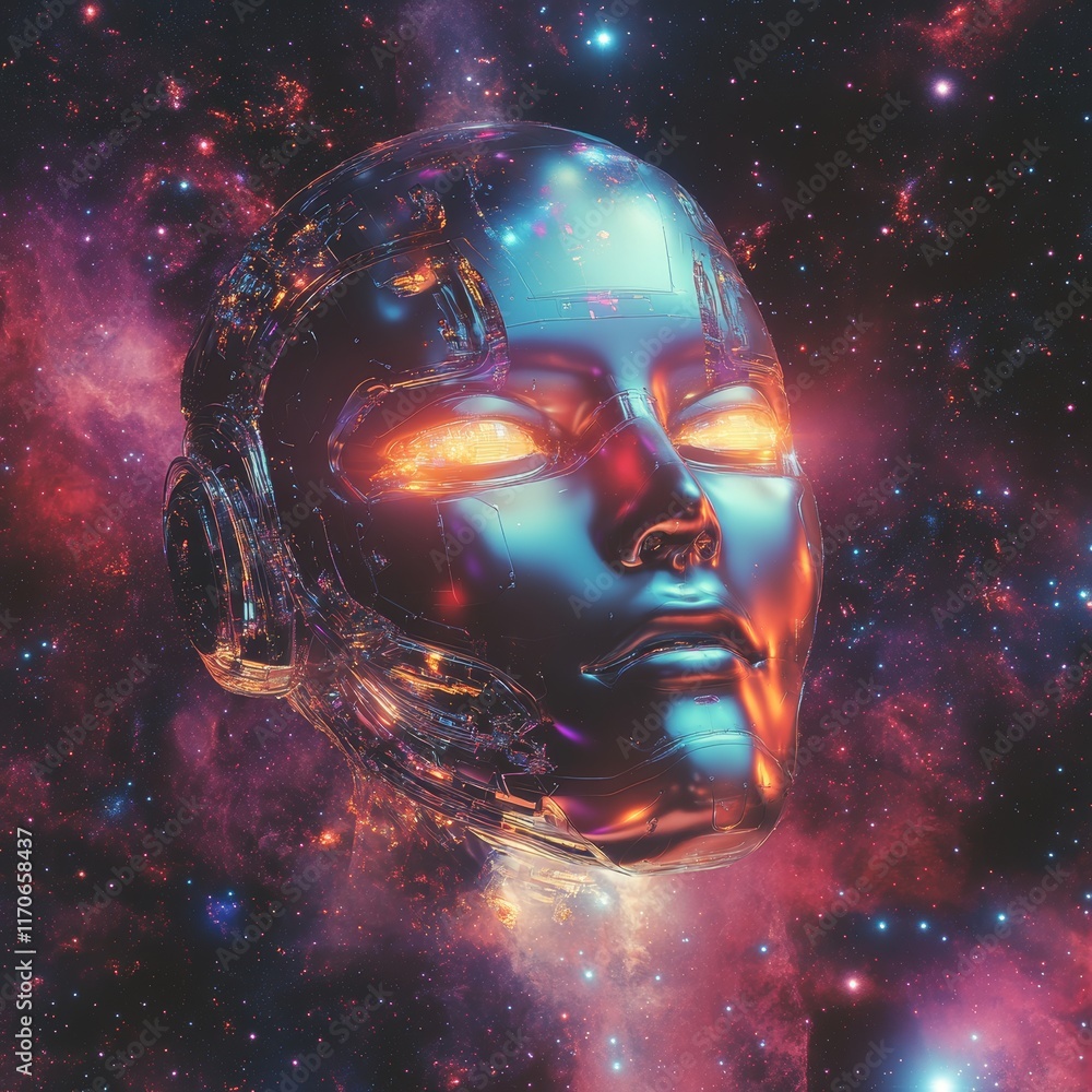 Poster futuristic robotic head in vibrant cosmic space with glowing elements and nebula background