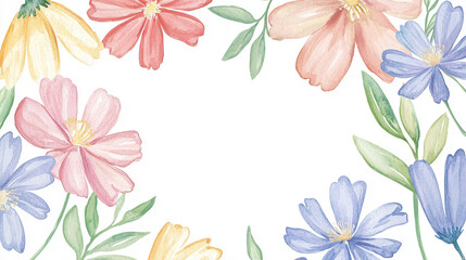 Simple watercolor colorful blossom frame border. A beautiful watercolor floral frame featuring colorful flowers and green leaves.