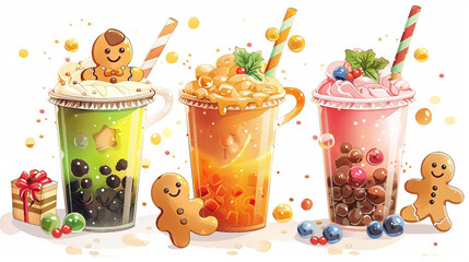 Enjoy a delightful cartoon-style boba tea with a gingerbread man and Christmas cake in this festive holiday-themed image, perfect for your winter celebration and Christmas party designs.