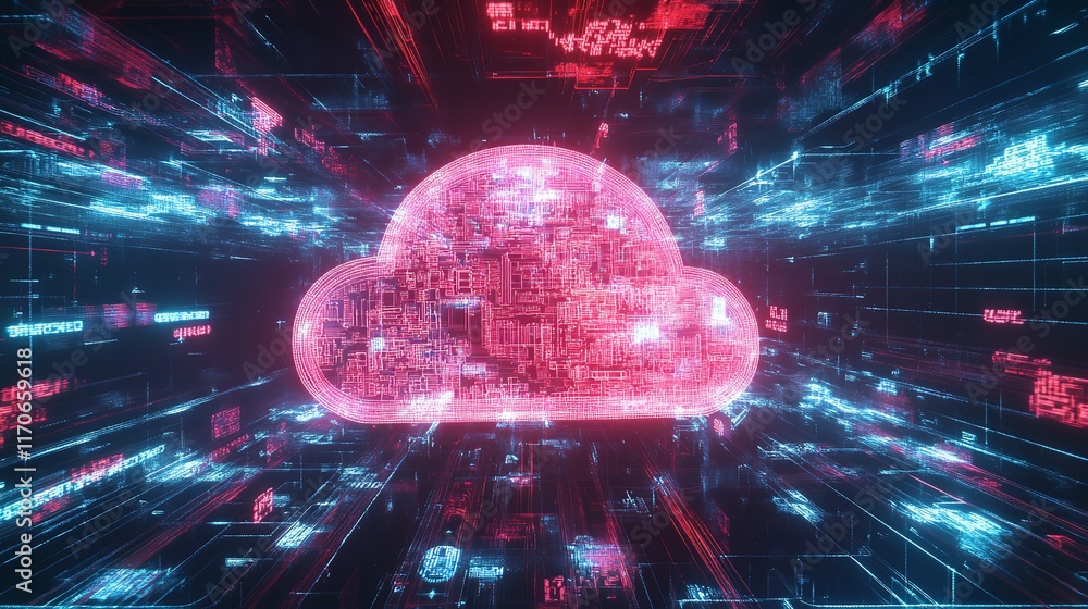Poster abstract digital cloud computing network technology pink blue neon glow art data code bits wire