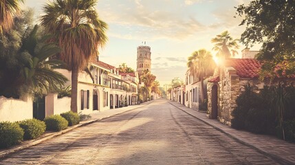 Fototapeta premium Sunlit Street Scene With Palm Trees And Tower
