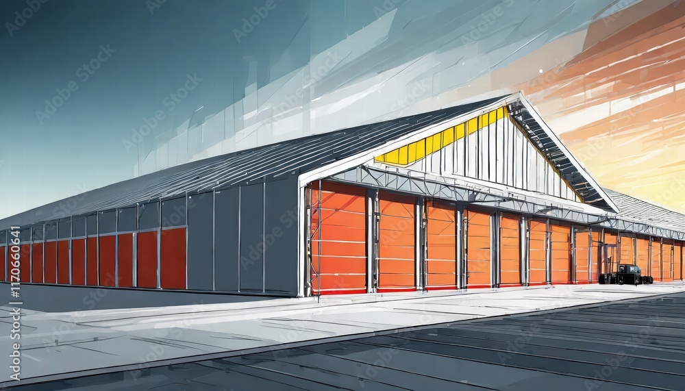 Poster innovative modern logistics warehouse building structure showcasing advanced technology and efficien