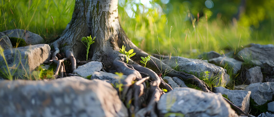Fototapeta premium Natural Tree Roots Emerging from Rocks on a Sunny Day in a Lush Green Environment