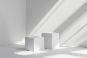 Fototapeta premium Minimalist white background for product display with square pedestals, soft shadows, and light rays 