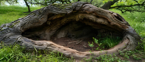 Obraz premium Ancient Hollowed Tree Trunk Surrounded by Lush Greenery in a Tranquil Forest Setting