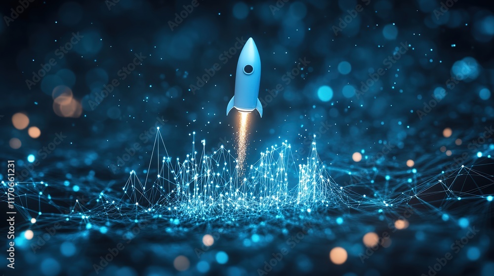 Poster startup and new project concept with white rocket flying up with dotted trajectory above light growt