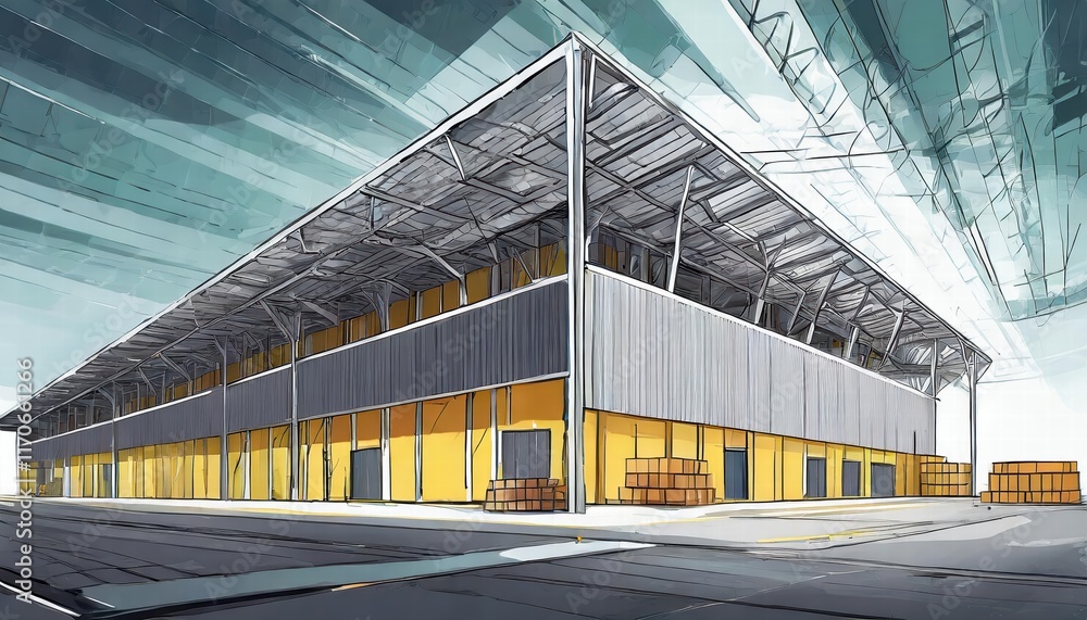 Poster modern logistics warehouse building structure innovative design and technology for efficient supply 