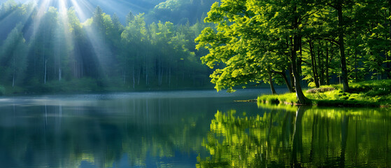 Obraz premium Serene Tranquil Lake Surrounded by Lush Green Forest with Sunlight Shining through the Trees in a Peaceful Natural Setting