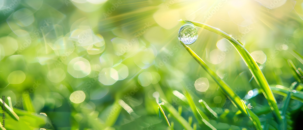 Poster close-up of dew drop on green grass blade with soft sunlight and blurred background in nature scene