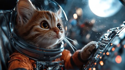 A focused cat in an astronaut suit appears to navigate a spacecraft, embodying the essence of adventure and discovery in an imaginative and captivating space environment.