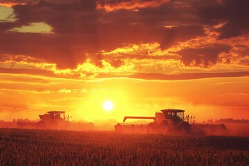 Fototapeta premium Beautiful sunset over a rural landscape with combines