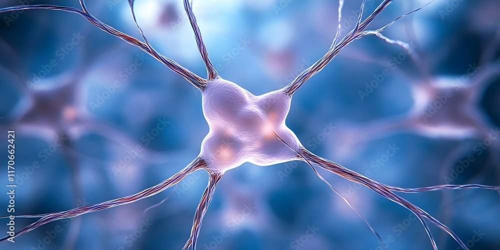 Poster a close-up view of a neuron, highlighting its structure with dendrites and axons in a blue-toned bac