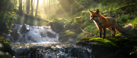 Obraz premium Majestic Fox in Sunlit Forest Beside Sparkling Stream with Gentle Water Flow and Lush Greenery