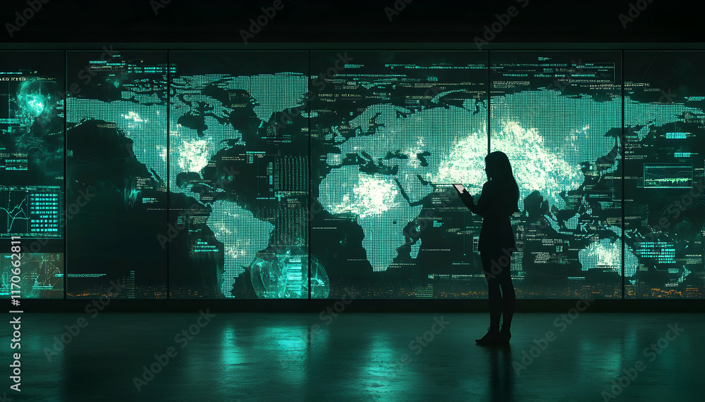 Poster woman silhouetted against a large screen displaying a digital world map with data streams, represent