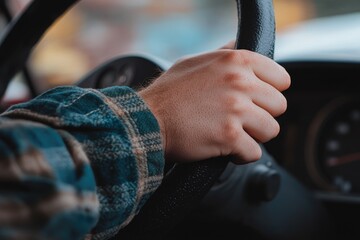 Close-up of a hand gripping a steering wheel in a car