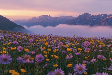 Fototapeta premium Purple and yellow flowers field during sunrise with a sea of clouds and mountains in the distance