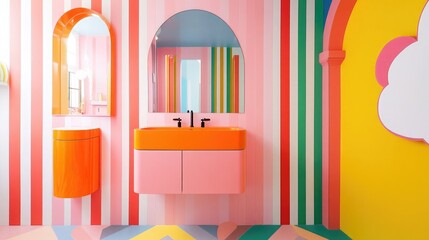 Funky Bathroom with Hot Pink Vanity and Neon Orange Sink. Trend: Dopamine Decor