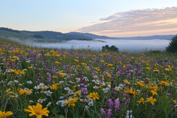 Fototapeta premium Purple and yellow flowers field during sunrise with a sea of clouds and mountains in the distance
