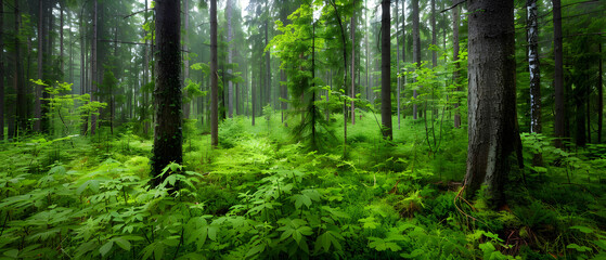 Obraz premium Lush Green Forest Scene with Tall Trees and Dense Underbrush in Misty Atmosphere