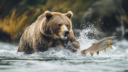 Obraz premium Brown bear chasing a salmon in the river.